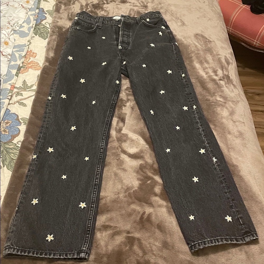Reformation Cynthia High Relaxed Black Daisy Jeans Size 27 - Picture 13 of 16